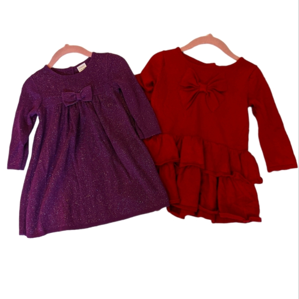 Gymboree sweater dresses size 12-18 months Red Purple/silver sparkle Bows